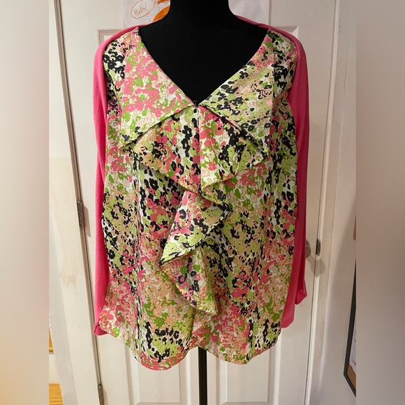 Think Spring ! August Silk Cardigan Attached Shell Floral Pink Green Size L - Picture 8 of 14